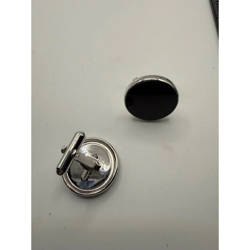 Vintage Round Black Enamel Silver Tone Toggle Back Cufflinks Mens Formal